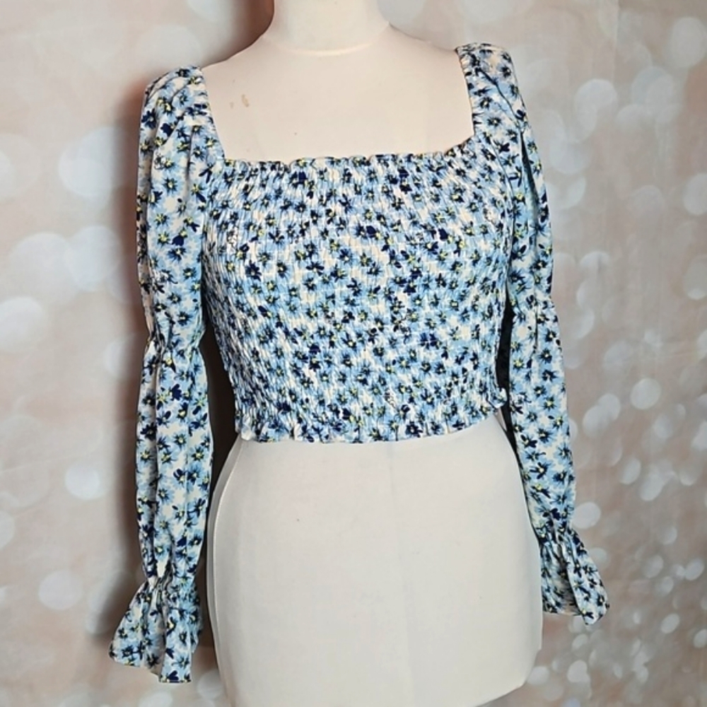 Lush | Blue Floral Puffy Sleeve Crop Top